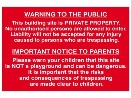 Scan Building Site Warning To Public And Parents - PVC 600 x 400mm £19.99